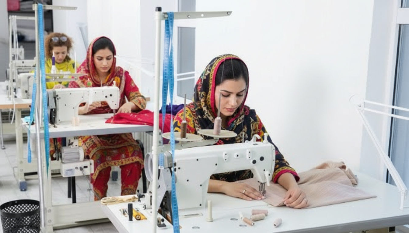 Females are stitching activewear in our factory image