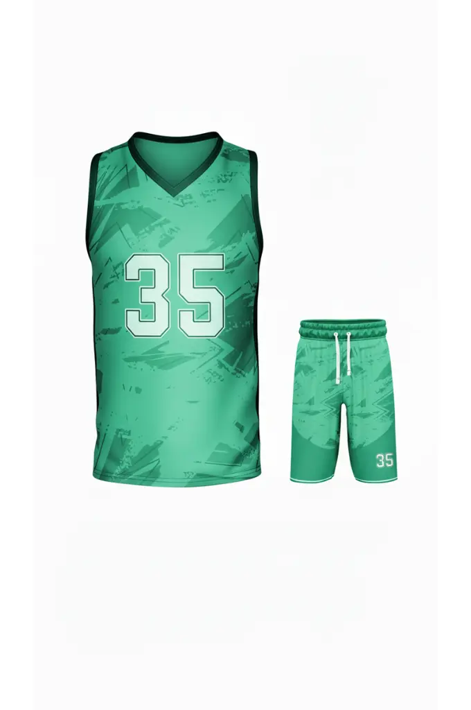 Basketball team green color uniform with heat transfer logo printing manufacturer