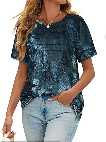 Short Sleeve Tops Womens T Shirts Blouses Dressy Casual Pleated Front Loose fit