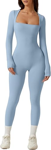 Square Neck Long Sleeve Full Length Leggings Bodycon Stretch Jumpsuit