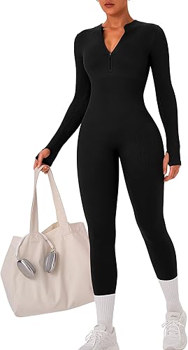 Wholesale Womens Long Sleeve Workout Jumpsuit Seamless Ribbed Tummy Control Yoga