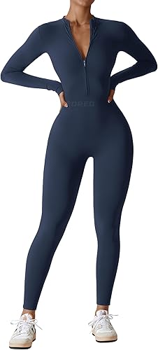 Women Long Sleeve Workout Jumpsuit Zip Up Romper Bottom Pants Bodysuit Bodycon