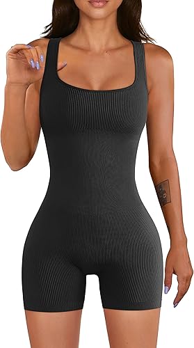 Women Workout Romper Yoga Ribbed Square Neck One Piece Seamless Tank Top Jumpsuit