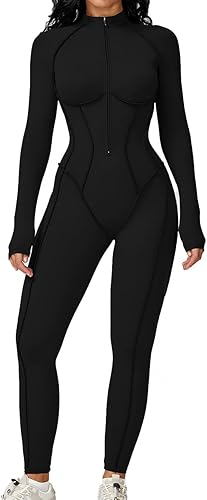 Womens Contour Seams Long Sleeve Padded Workout Jumpsuit Zip Up Tummy Control One Piece Bodycon Yoga Rompers