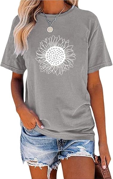 Women Cute Sunflower Graphic Printed Tee Shirts Vintage Short Sleeve Cotton Shirts Tops