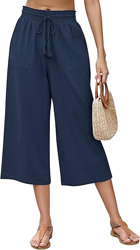 Women Linen Capri Pants Wide Leg with Drawstring Elastic Waist