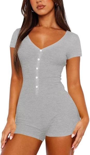 Women’s Short Sleeve Rompers Summer V Neck Casual One Piece Shorts Jumpsuit