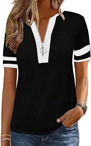 Women Short Sleeve T Shirts Zipper Tops Bulk Order USA Brands